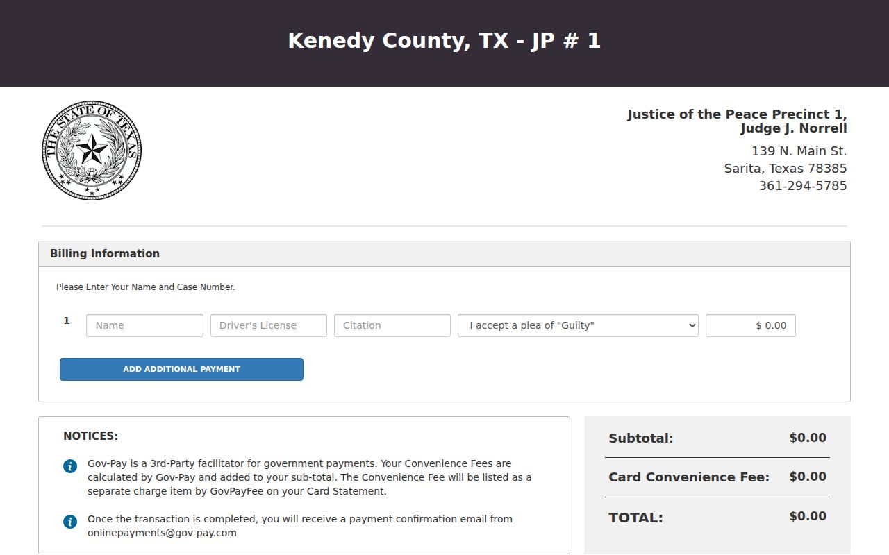 Kenedy County case payment route for Justice Court Precinct 1