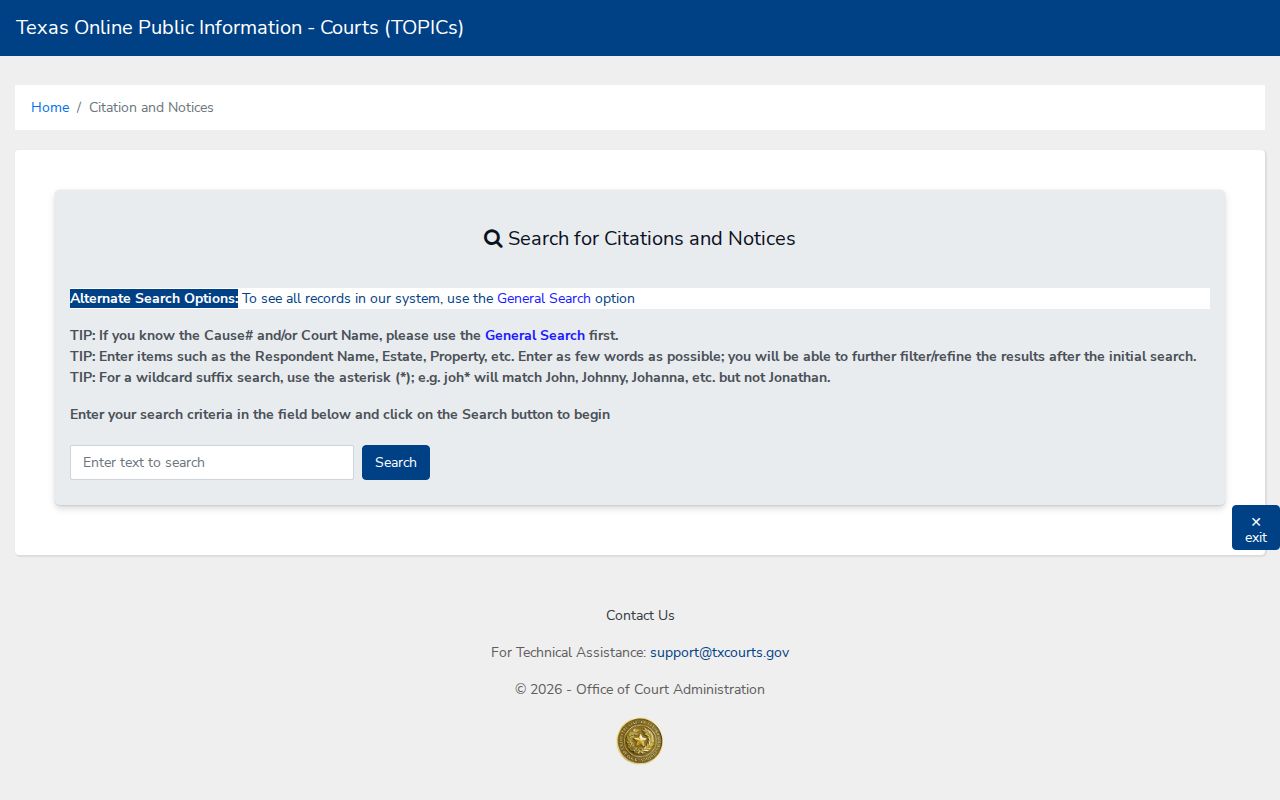 Kenedy County case search fields in the statewide citation and notice tool
