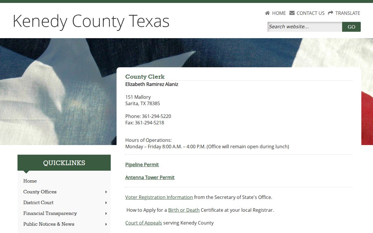 Kenedy County court docket County Clerk records page